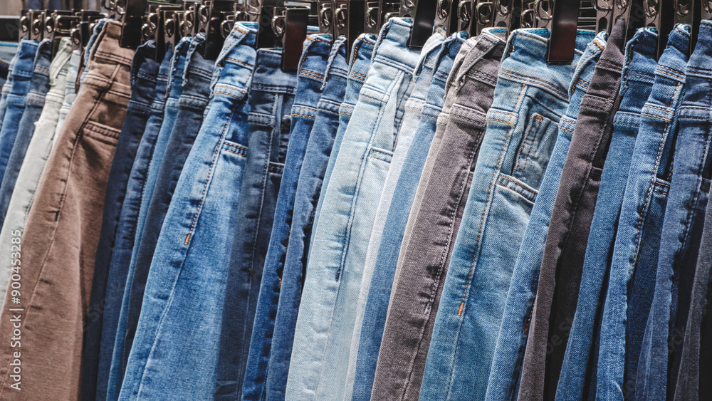 Poster A row of jeans hanging on a rack. The jeans are of different colors and styles. Concept of variety and choice, as the person hanging the jeans can pick from a wide range of options