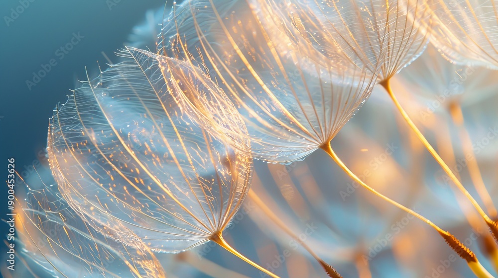 Poster delicate dandelion seeds float gracefully in the soft light of dawn, captured in a close-up view sho