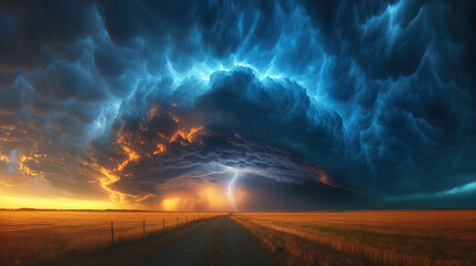 A scene of a stormy landscape. A massive, turbulent cloud formation dominates the sky, exhibiting shades of deep blue and gray, with a striking contrast of bright orange and yellow