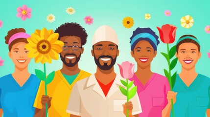 Workers celebrating Labor Day, mental health support, flat design illustration