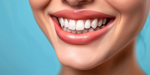 Obraz premium Perfect healthy teeth smile of young woman. Teeth whitening. Dental clinic patient. Image symbolizes oral care dentistry, stomatology 