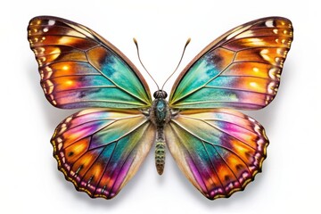 Delicate colorful butterfly with intricate wings and slender body perched alone on a pure white background, showcasing its natural beauty and elegance.