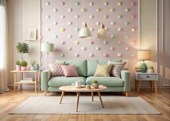 Whimsical cartoon-inspired living room design features a pastel-hued sofa and couch amidst playful furnishings, set against soft, creamy walls and a subtle polka-dot rug.