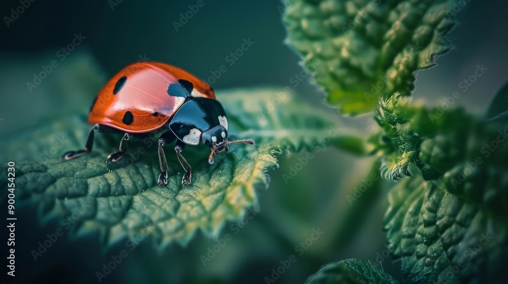 Poster macro shot of a ladybug on a leaf.