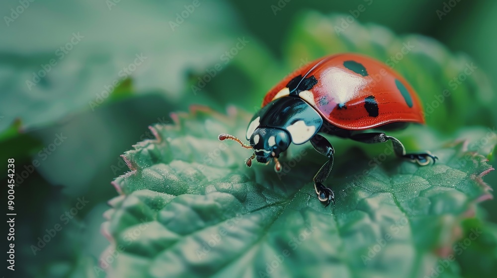 Poster macro shot of a ladybug on a leaf.