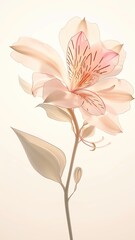 Obraz premium A delicate pink flower with translucent petals stands on its stem against a white background. Generated AI