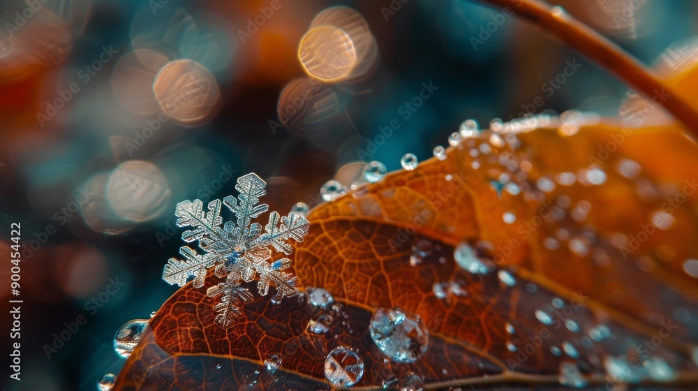 Poster delicate snowflake resting on a wet autumn leaf amidst colorful blurred backgrounds in a tranquil se
