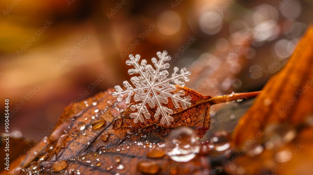 Poster macro shot of a snowflake on a leaf.