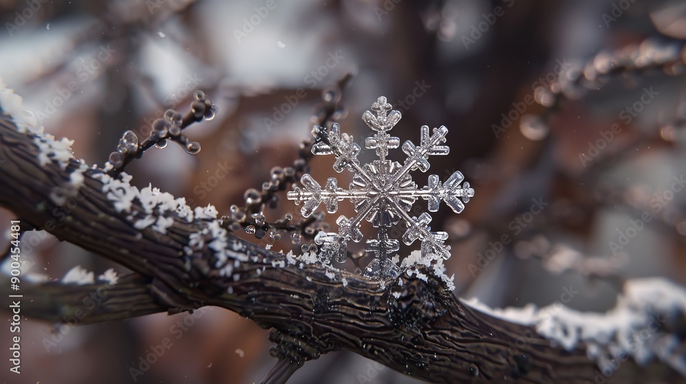 Poster snowflake resting on a branch during winter in a quiet forest