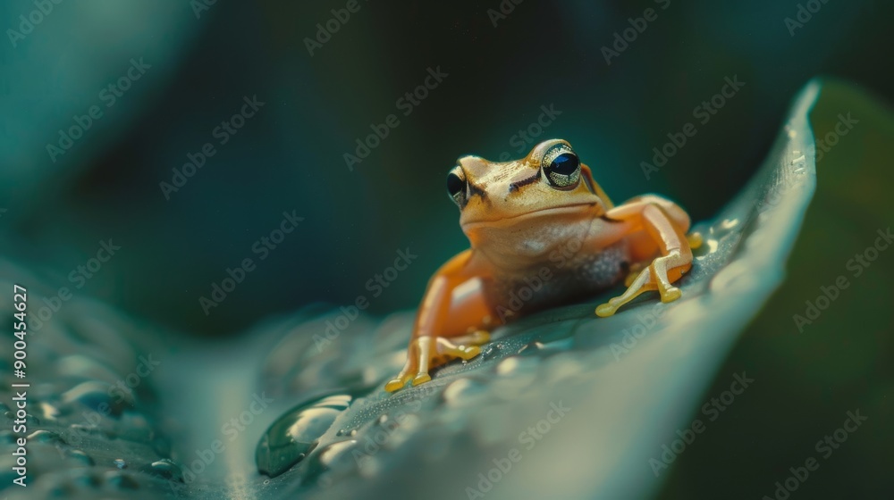 Poster macro shot of a tiny frog on a leaf.