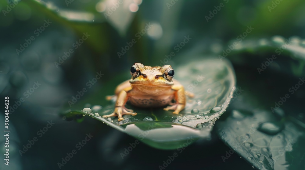 Poster macro shot of a tiny frog on a leaf.
