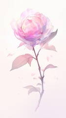 Fototapeta premium A delicate pink flower with translucent petals stands on its stem against a white background. Generated AI