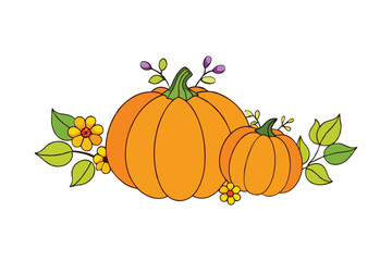 Autumn Pumpkins and Seasonal Flowers Vector illustration.
