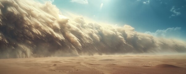 Naklejka premium A dust storm in the desert, with huge clouds of sand blowing over the landscape in a cinematic