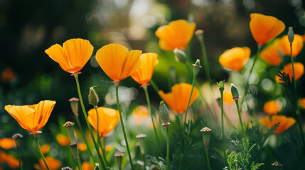 Obraz premium field of poppy red flowers,California poppy flowers in bloom, soft floral background,Illustration of a flower meadow in spring,Beautiful poppy flowers blooming in the meadow Soft focus
