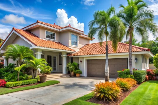 An attractive house exterior featuring gray walls contrasted with white accents a vibrant red tiled roof a lush front garden teeming with tropical flora palm trees and a well kept driveway and garage