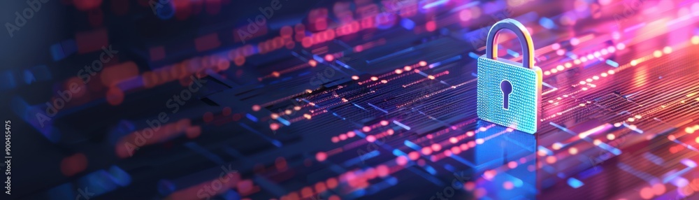Poster digital lock symbolizing cybersecurity and data protection against online threats in a vibrant tech 
