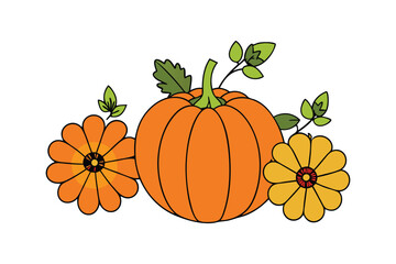 Autumn Pumpkins and Seasonal Flowers Vector illustration.