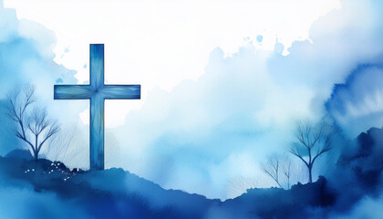 Obraz premium Abstract religion blue watercolor with Christian cross silhouette, faith and spirituality. Religious