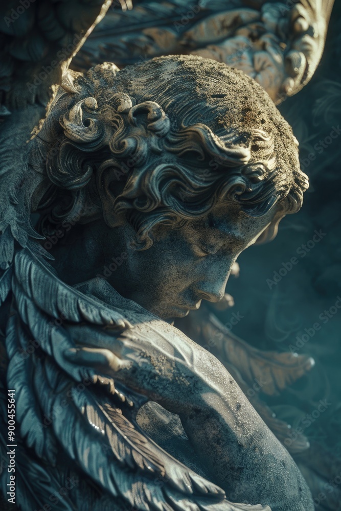 Poster a detailed view of an angel's face and shoulders on a statue, suitable for use in editorial or decor