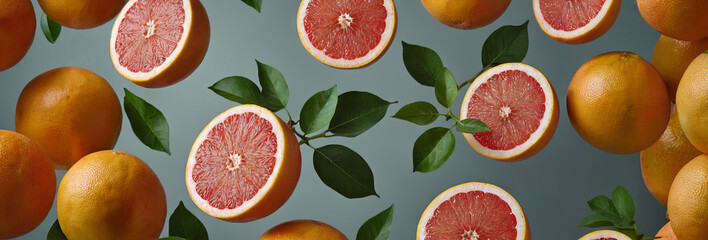 Naklejka premium Grapefruits and their slices gracefully float among green leaves, showcasing vivid colors and textures against a muted background