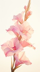 A delicate flower with translucent petals stands on its stem against a white background. Soft pastel colors and minimalism with high detail. generated AI