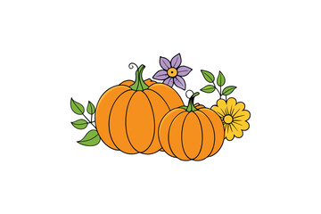Autumn Pumpkins and Seasonal Flowers Vector illustration.
