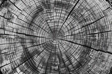 Warm gray wood grain design. Detailed black and white pattern of a cut tree trunk or stump. Rough authentic tree circles highlighting a close-up perspective of the wood's end surface