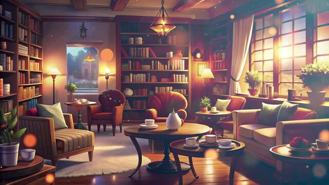 Watercolor Animated Video for Lo-Fi Exuding Warmth and Coziness with Soft Light in a Living Room with Armchairs and Cups of Tea, Slow Moving Bokeh and Dust, Beautiful Evening