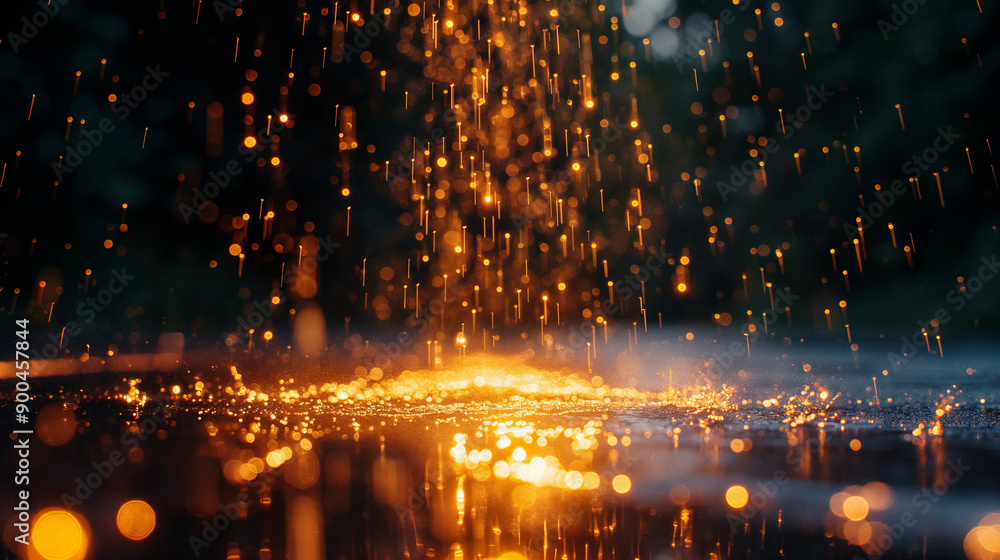 Poster rain pouring down, creating a shimmering pathway on a wet surface. the rain droplets are captured in