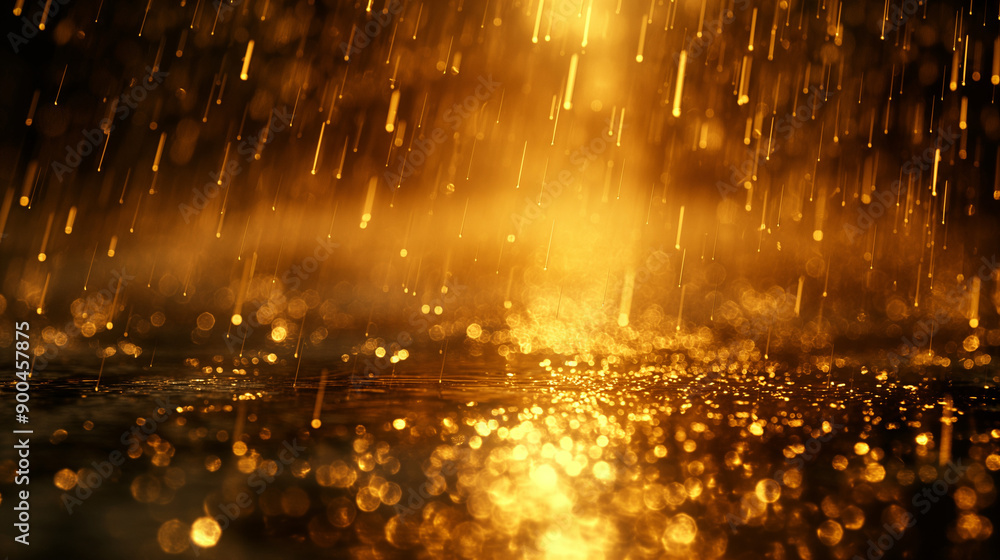 Poster rain pouring down, creating a shimmering pathway on a wet surface. the rain droplets are captured in