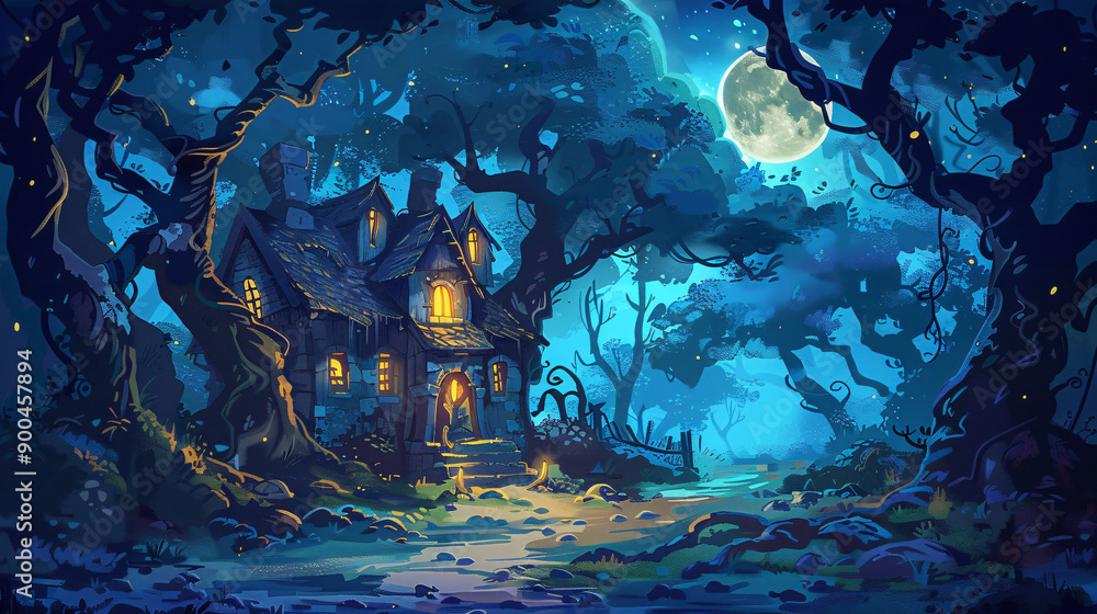 Poster delightful cabin with radiant windows nestled in a moonlit forest, evoking an enchanting and magical