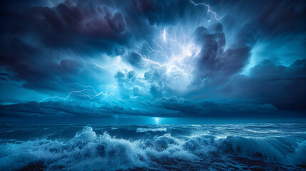 A tempestuous ocean with turbulent waves is at the forefront, with the sea spray rising and crashing against the shore. Above the ocean, a tumultuous sky unfolds, dominated by dark, ominous clouds