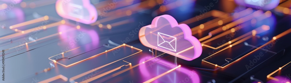 Poster futuristic cloud computing concept with glowing icons representing email services and digital commun