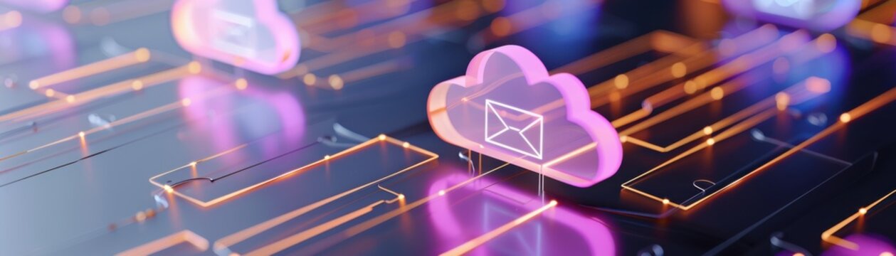 Futuristic cloud computing concept with glowing icons representing email services and digital communication.