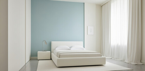 Fototapeta premium A serene minimalist concept bedroom featuring a soothing pastel blue accent wall that complements crisp white furnishings, conveying a harmonious and comfortable atmosphere