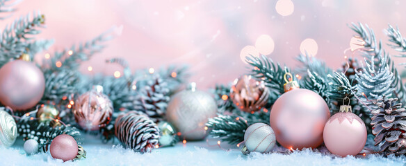 Christmas background with pastel pink and rose gold decorations like balls, pine cones and spruce branches on snow. Panorama banner for social media post or web design template. Winter holiday concept