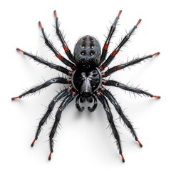 Obraz premium Close-up of black spider with red markings on a white background.