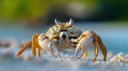 Close up photo, front view of a big crab standing on the sand of a beach.