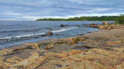 view of the stony shore, landscape from the North Europe, Scandinavia, Sweden, near Arctic Circle