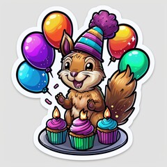 Fototapeta premium Cute Squirrel Celebrating Birthday with Cupcakes and Balloons