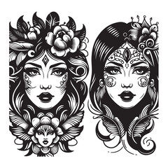 Women's face tattoo design vector illustration black color
