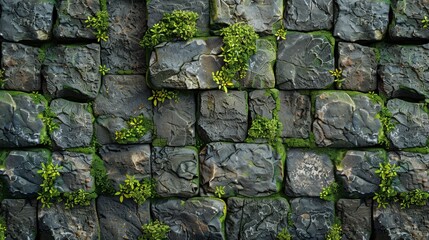 Verdant Mosaic: Rugged Stone Wall with Lush Greenery