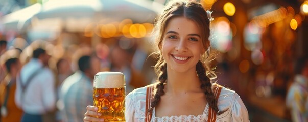 Woman in traditional Bavarian dress carrying a tray of pretzels and beer steins with a joyful smile, serving festival-goers at the Oktoberfest festival.