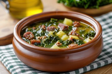 A bowl of caldo verde, a hearty green soup made with collard greens, potatoes, and chorizo, garnished with olive oil.