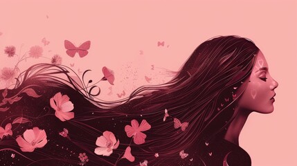Artistic depiction of a woman with long, flowing hair in dark pink, no eyes, facing sideways, with flowers and butterflies, against a light pink background.