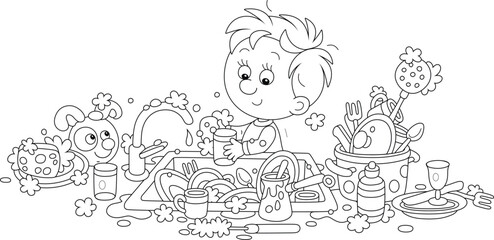 Household chores, a funny little boy washing dishes, pans, forks and spoons in a kitchen sink after a holiday dinner at home, black and white outline vector cartoon illustration for a coloring book