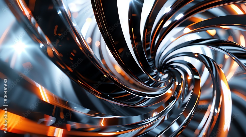 Poster abstract 3d rendering of a spiraling metallic structure.