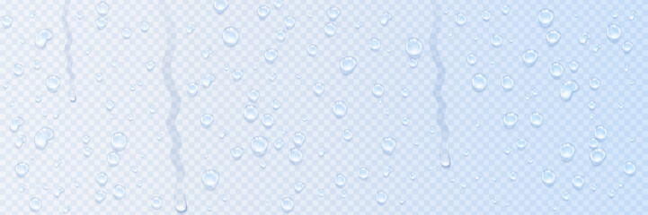 Realistic dripping drop flow down background. Rain drops on glass effect. Condensation water effect on transparent background.