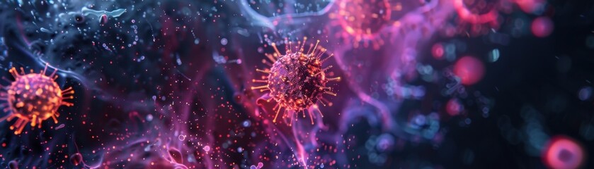 Microscopic view of viruses in a colorful background, showcasing complex structures and vibrant colors in scientific imagery.